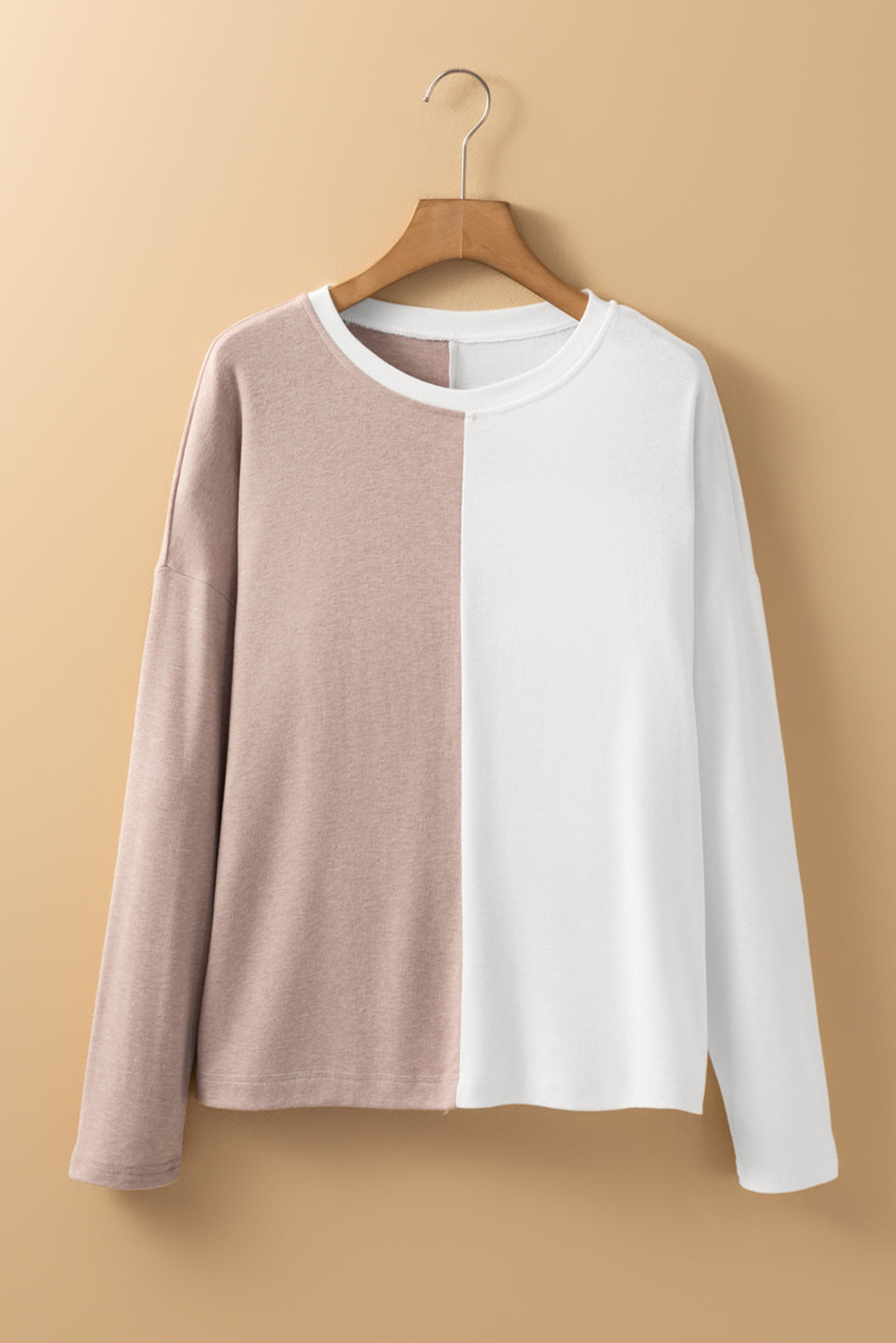 Khaki Colorblock Long Sleeve Crew Neck Sweater