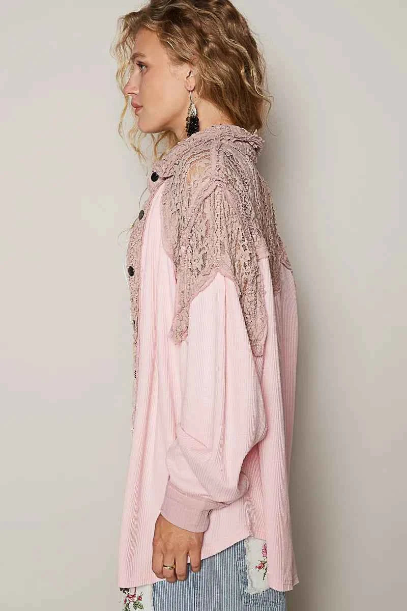 POL Lace Patchwork Button Up Shacket