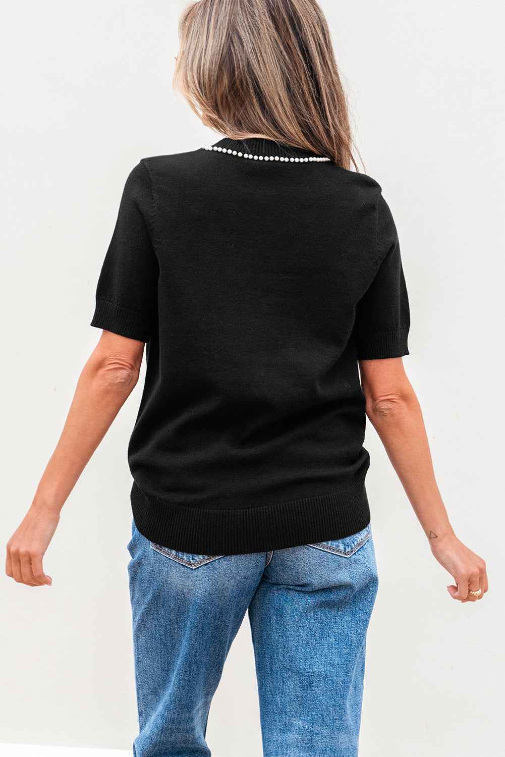 Bria Pearl Bow Short Sleeve Knitted Top