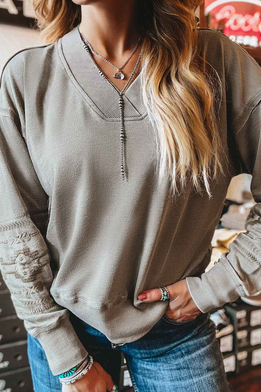 Western Aztec Embroidered Sleeve V-Neck Sweatshirt