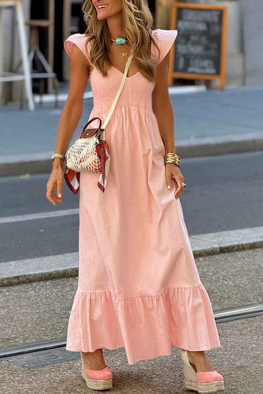 Apricot Pink V Neck Flutter Sleeve Smocked Bodice High Waist Ruffle Maxi Dress