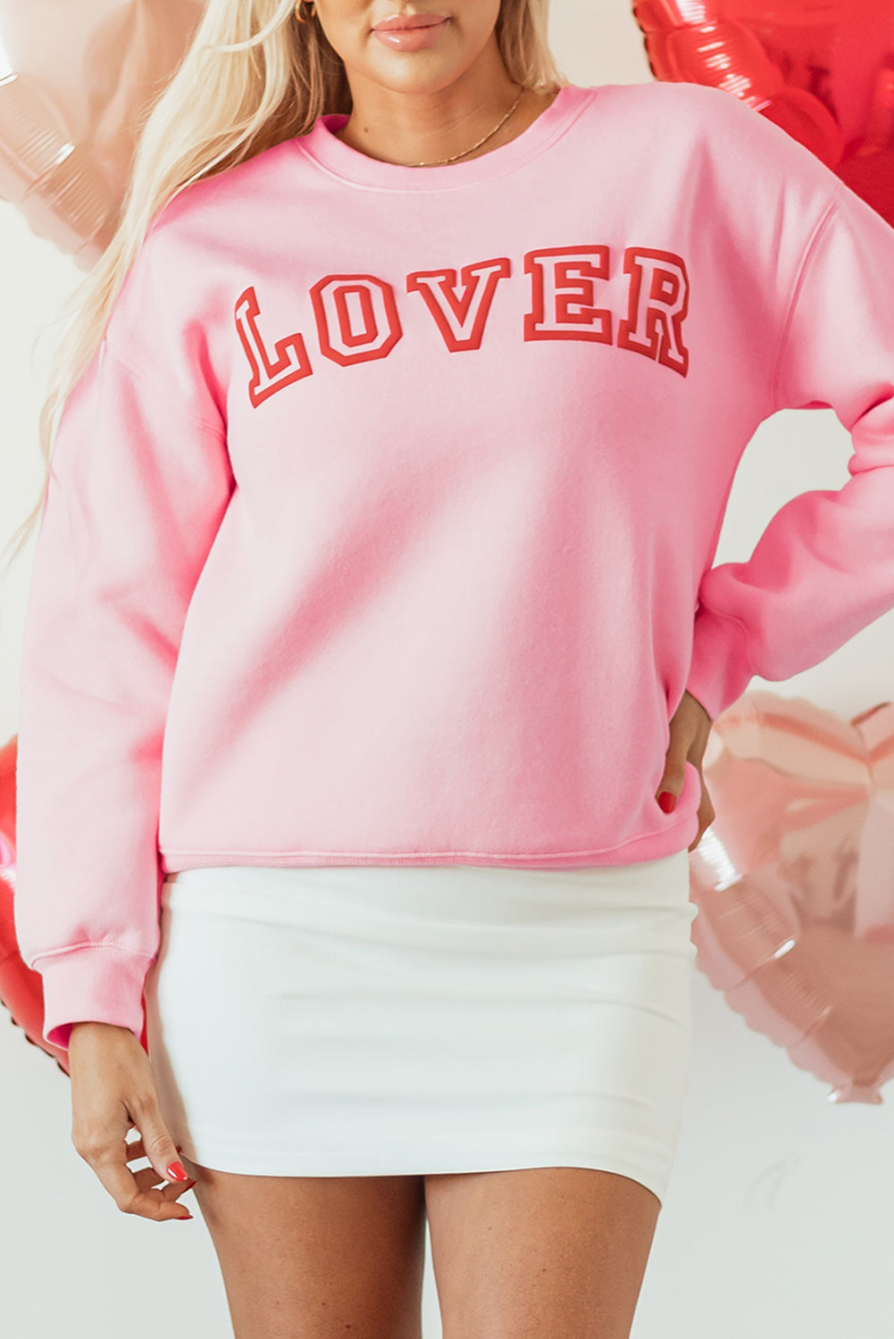 Pink LOVER Puff Print Drop Shoulder Pullover Women's Sweatshirt