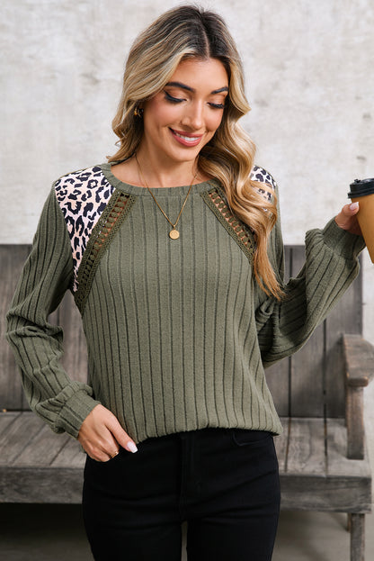 Moss Green Leopard Print Top - Patchwork Crochet Rib Textured Women's Top - The Eggy's store