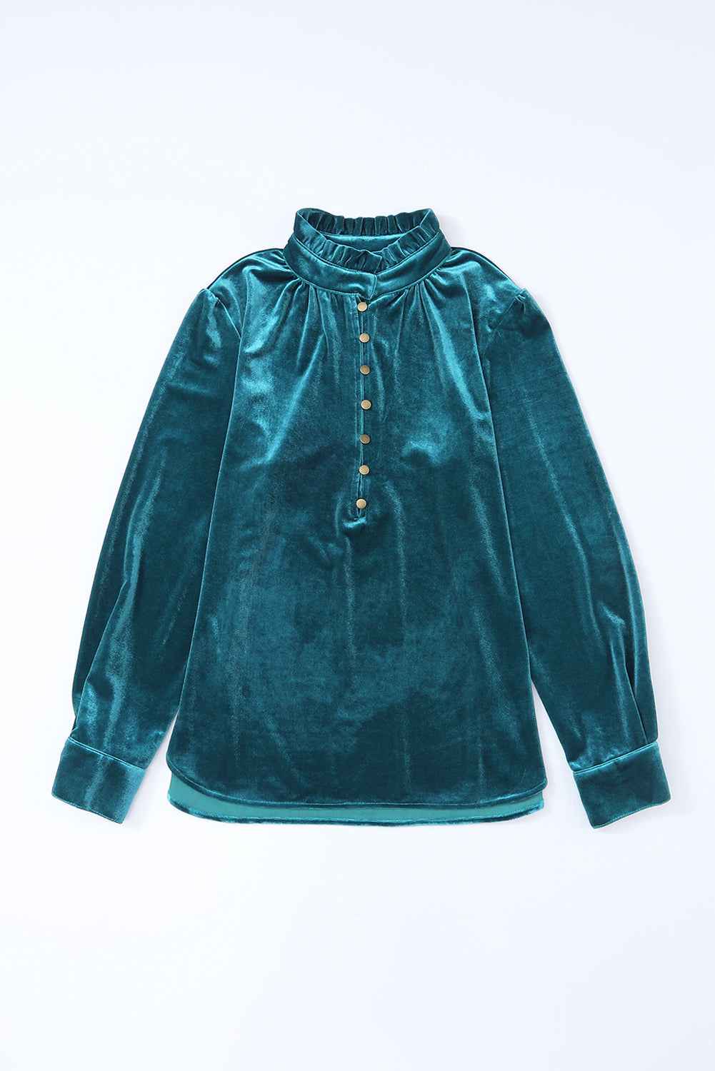 Green Frilled Neck Buttoned Front Velvet Wome Top