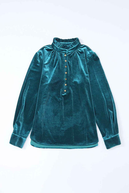 Green Frilled Neck Buttoned Front Velvet Wome Top