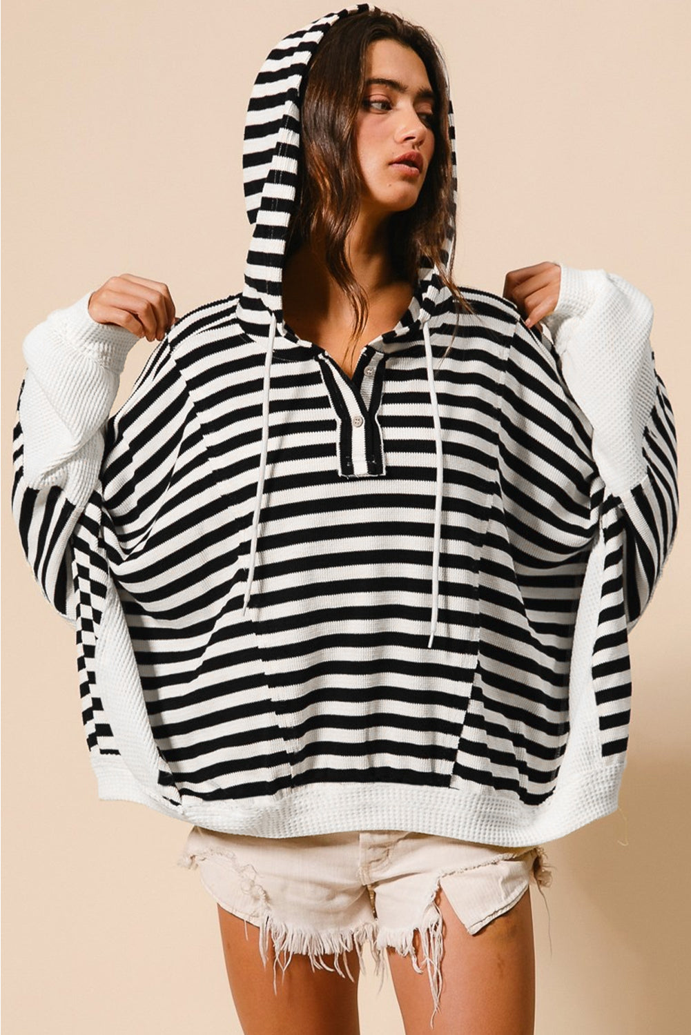 Black white Oversized Striped Henley Buttons Dolman Sleeve Hooded Sweatshirt