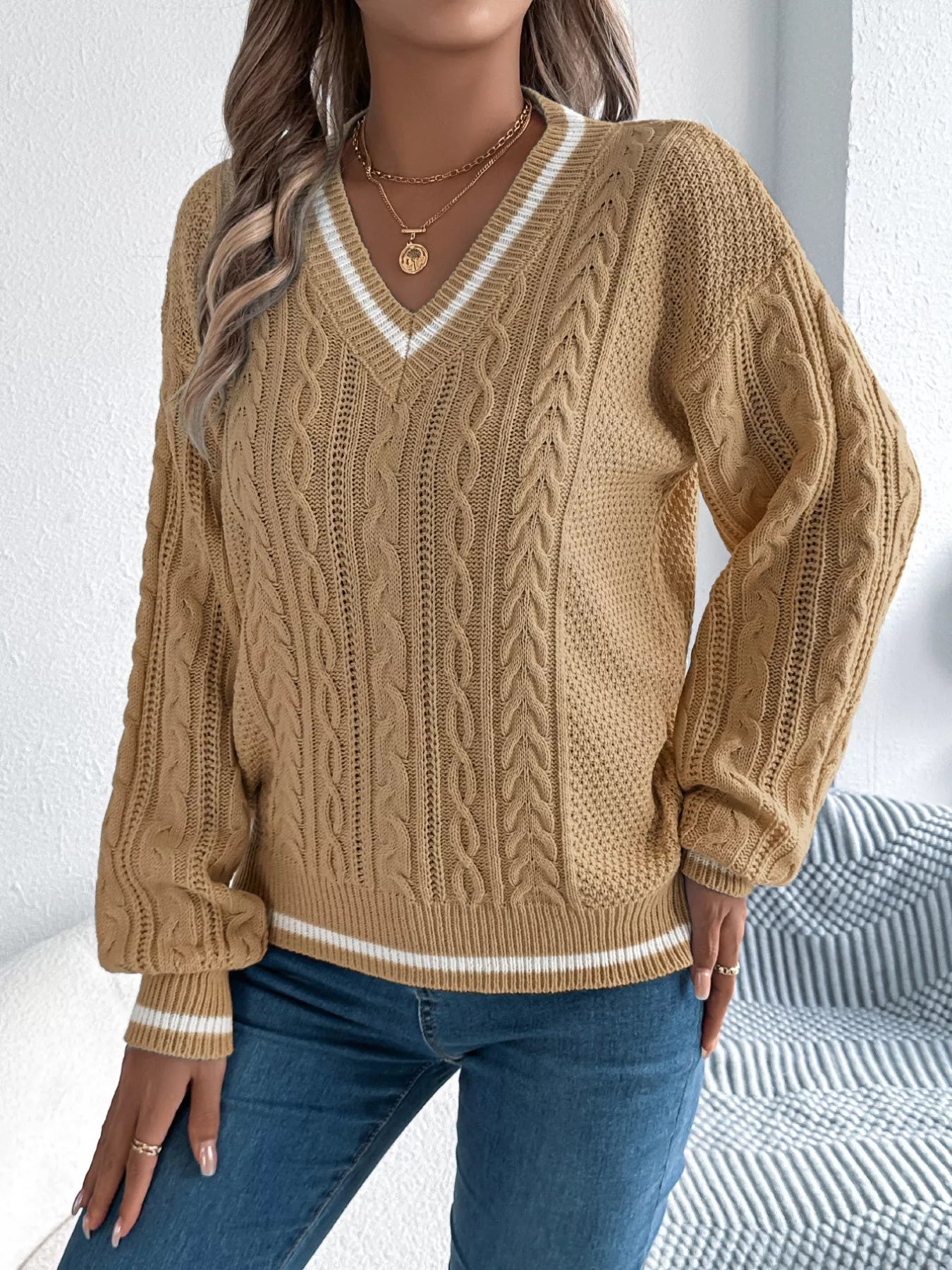 V-Neck Cable Knit Long Sleeve Sweater
