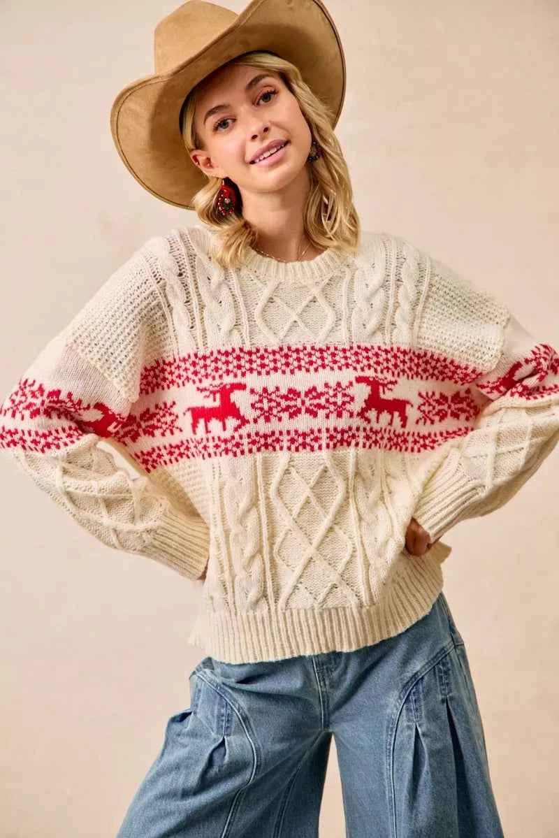 BiBi Christmas Theme Patterned Cable Knit Sweater