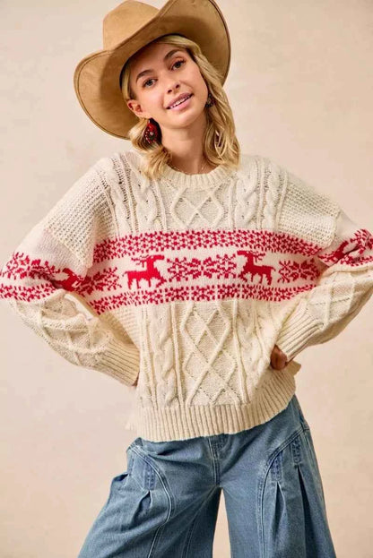 BiBi Christmas Theme Patterned Cable Knit Sweater