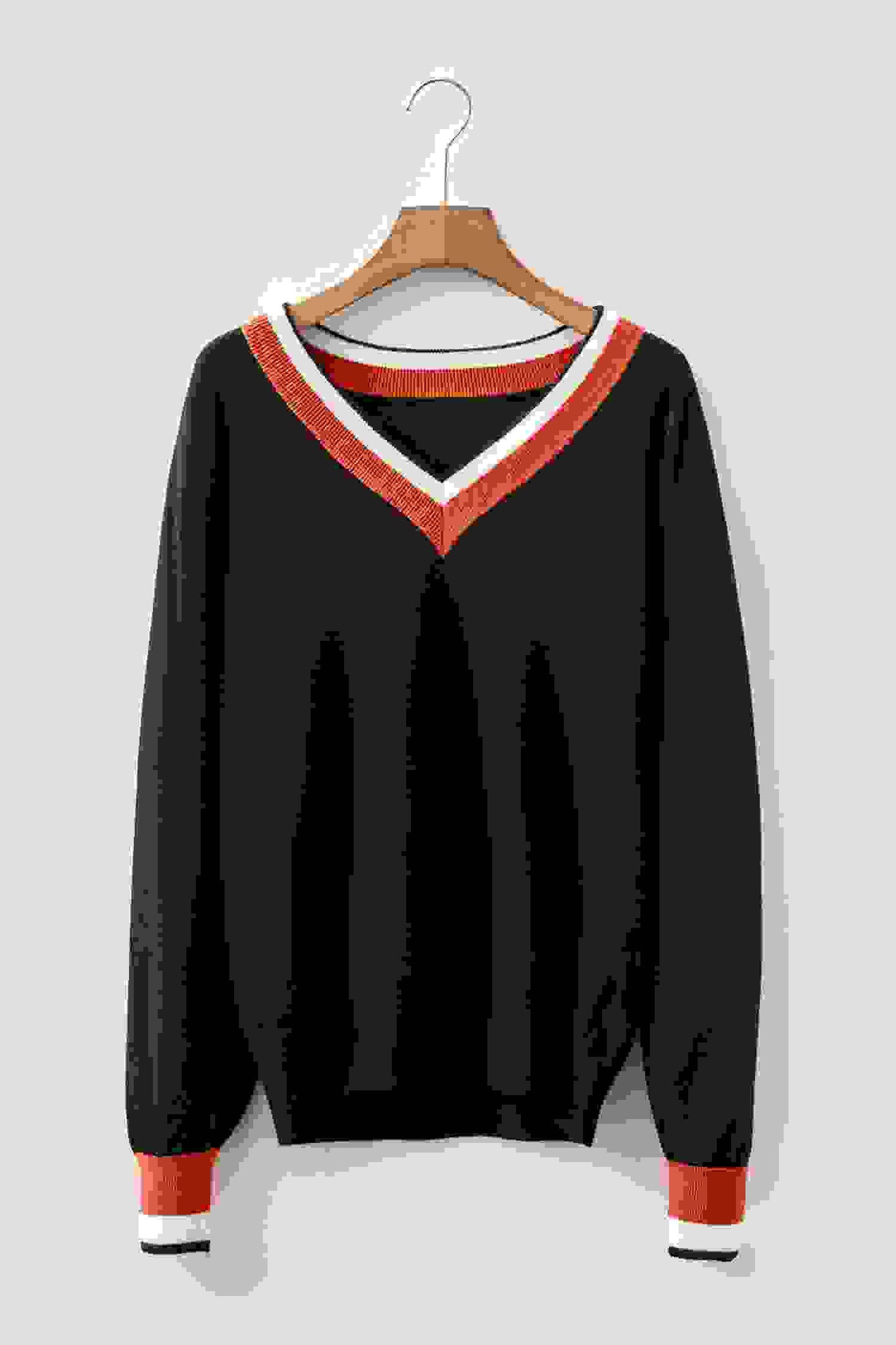 Varsity Stripe Contrast Trim V-Neck Sweater