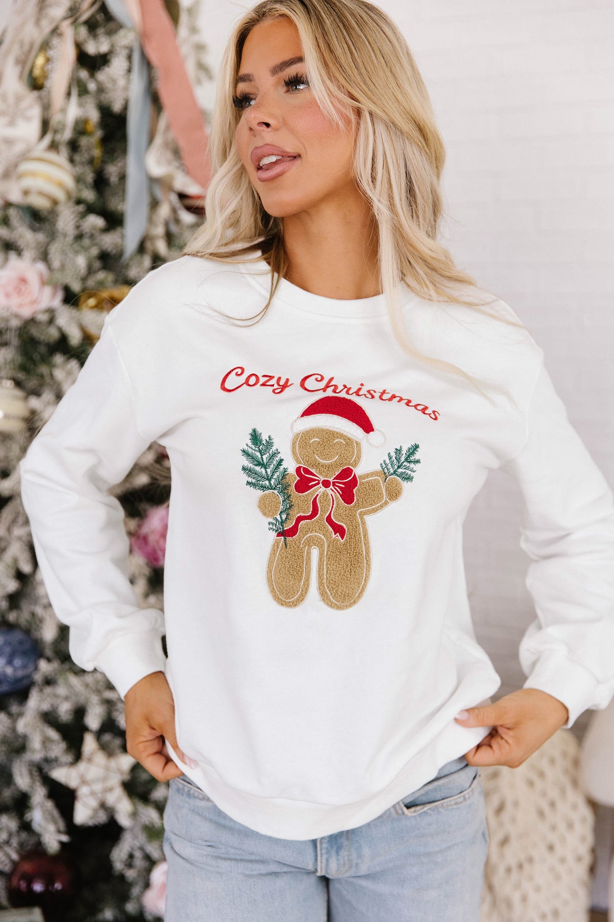 White Gingerbread Embroidered Christmas Sweatshirt