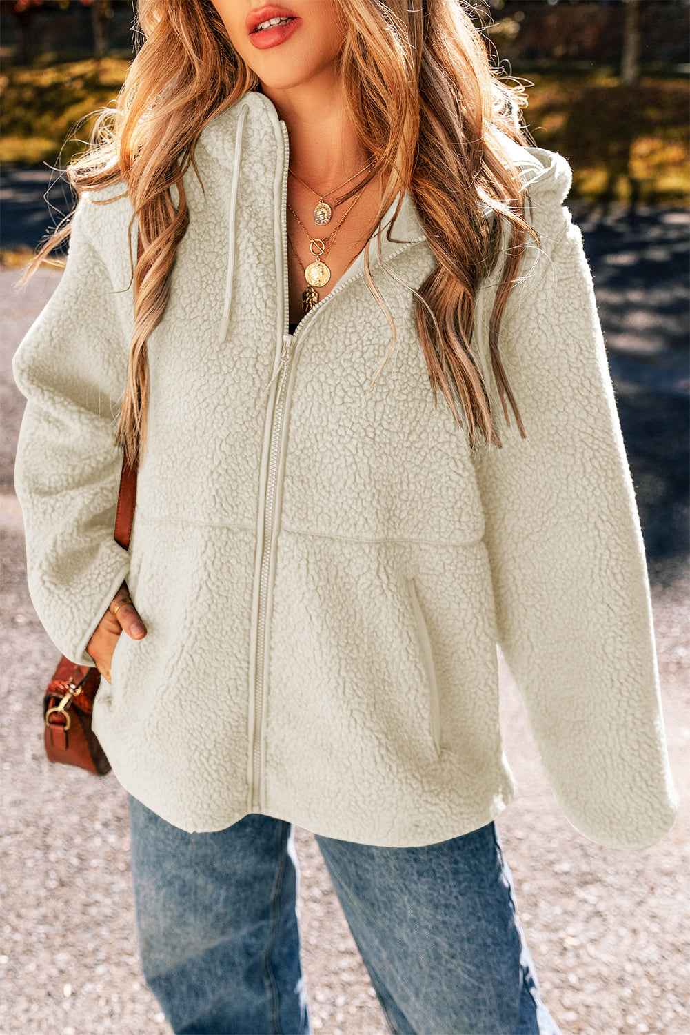 Solid Fleece Zip-Up Drawstring Pocketed Hooded Jacket