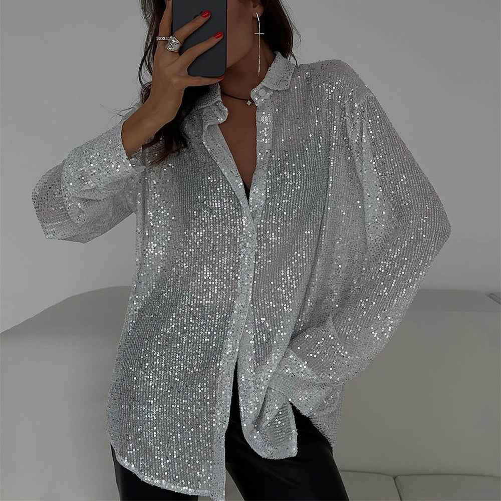Elegant Women's Sequin Shirt - Stylish Long Sleeve Button-Up Blouse With Glitter Details, Perfect For Party & Casual To Formal Wear