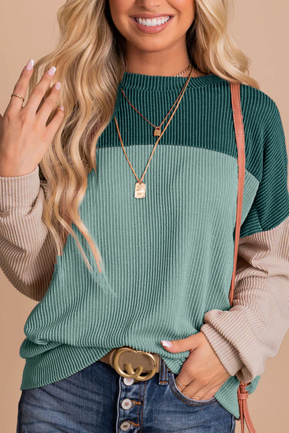Khaki Color Block Long Sleeve Ribbed Loose Women's Top