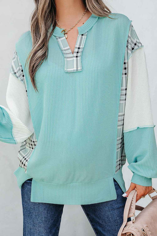 Plaid Colorblock Corded Patchwork Long Sleeve Top