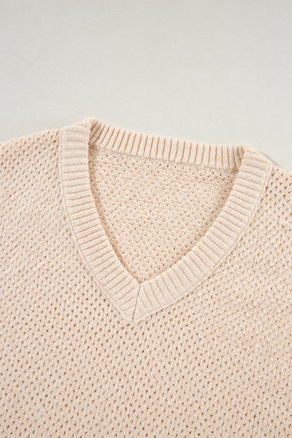 Solid Eyelet V-Neck Drop Shoulder Sweater