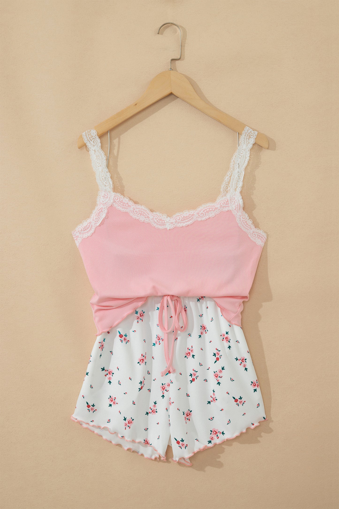 Pink Ribbed Knit Lace Straps Patchwork Lettuce Hem Short Loungewear