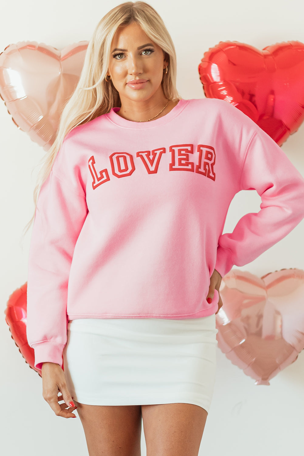 Pink LOVER Puff Print Drop Shoulder Pullover Women's Sweatshirt