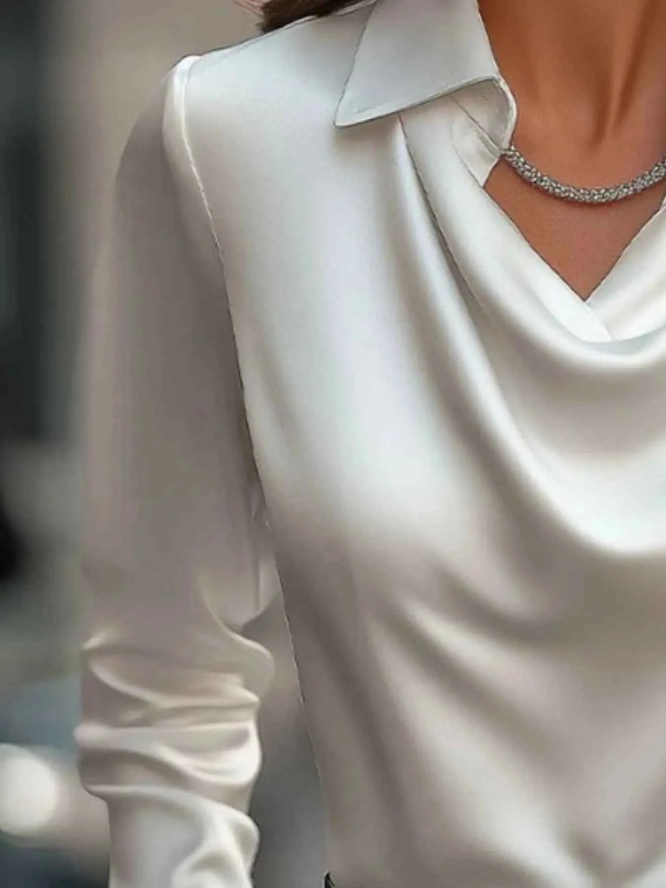 Satin Collar Long Sleeve Blouse for Women Office Wear