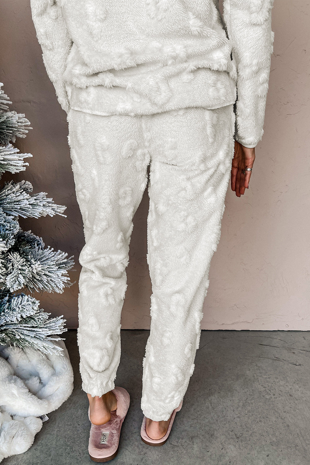 Light Grey Leopard Textured Loose Fit Fleece Loungewear Two-Piece – Cozy Set