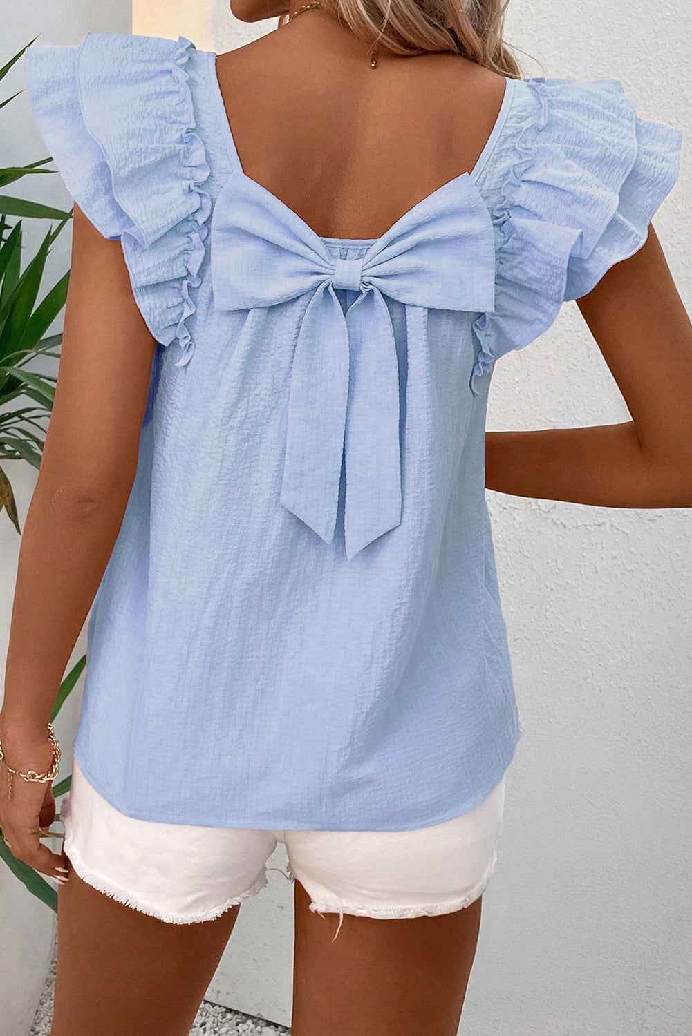 Beige Textured Bow Frilled Ruffle Sleeve Blouse