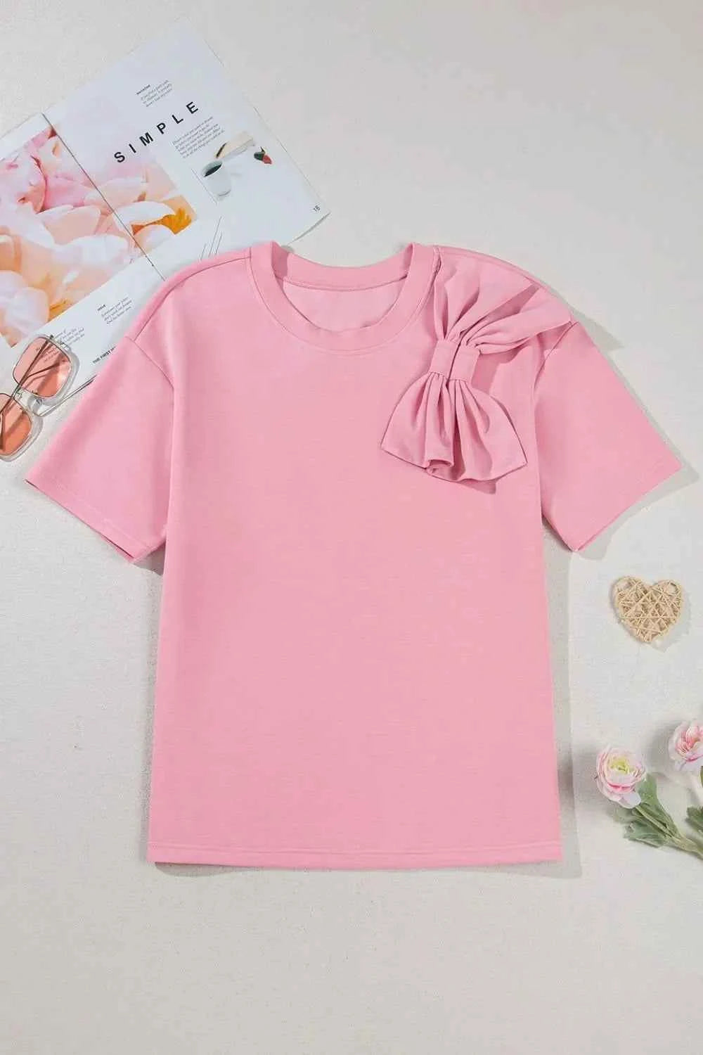 Bow Round Neck Short Sleeve T-Shirt