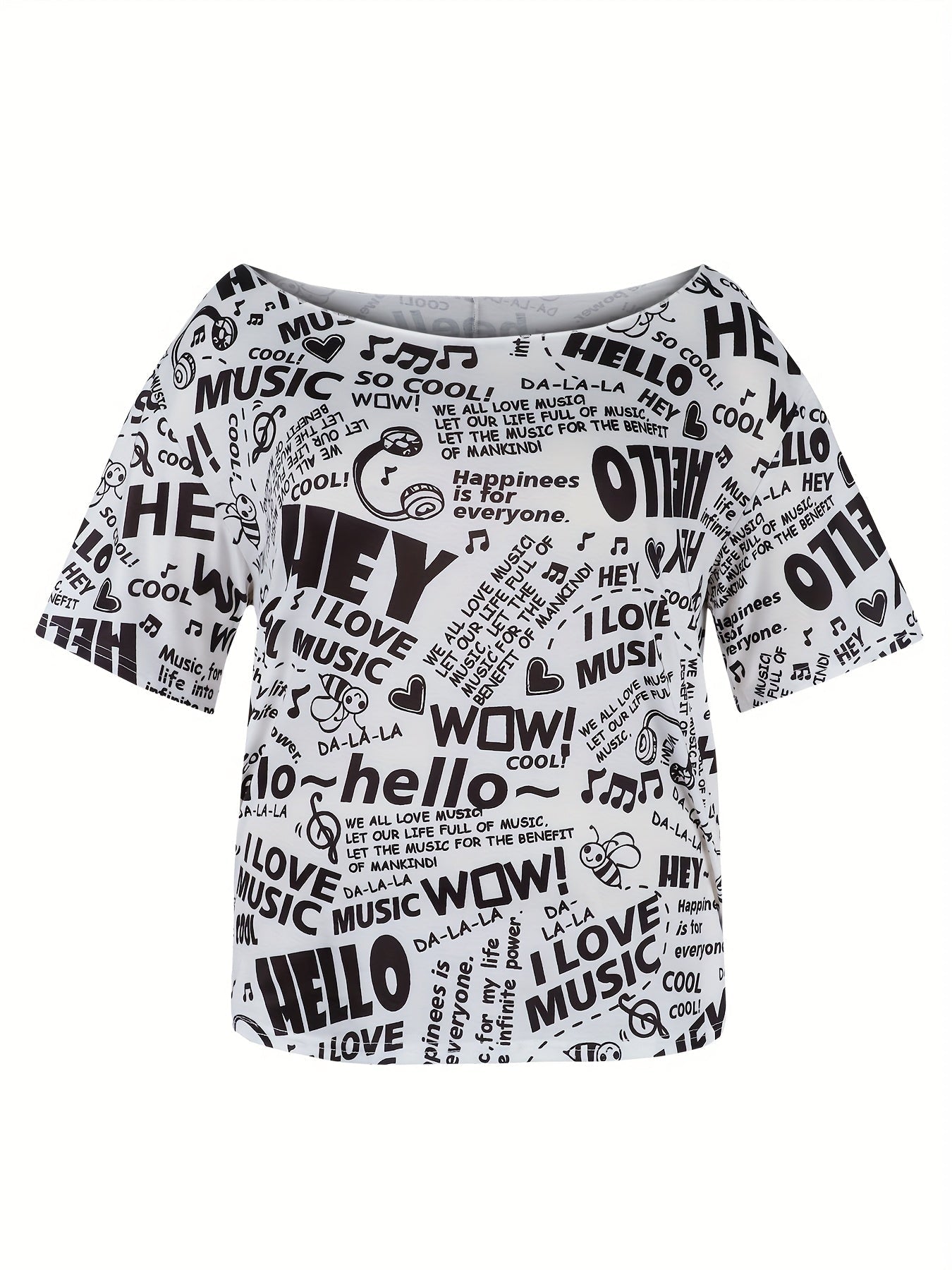 Plus Size Off Shoulder HELLO MUSIC T-Shirt