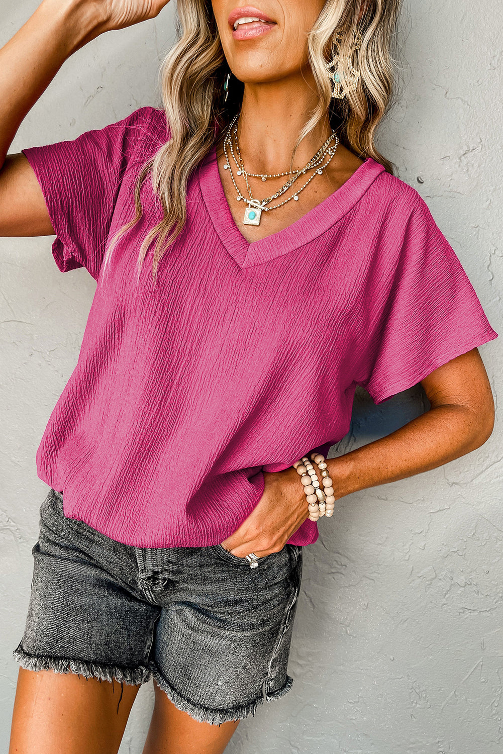 Crinkled V-Neck Wide Sleeve Women's T-Shirt