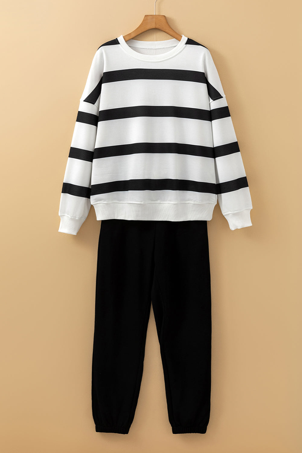 Light French Beige Striped Drop Shoulder Pullover and Joggers Set - The Eggy's store