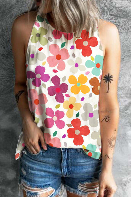 White Cute Floral Print Tank Top