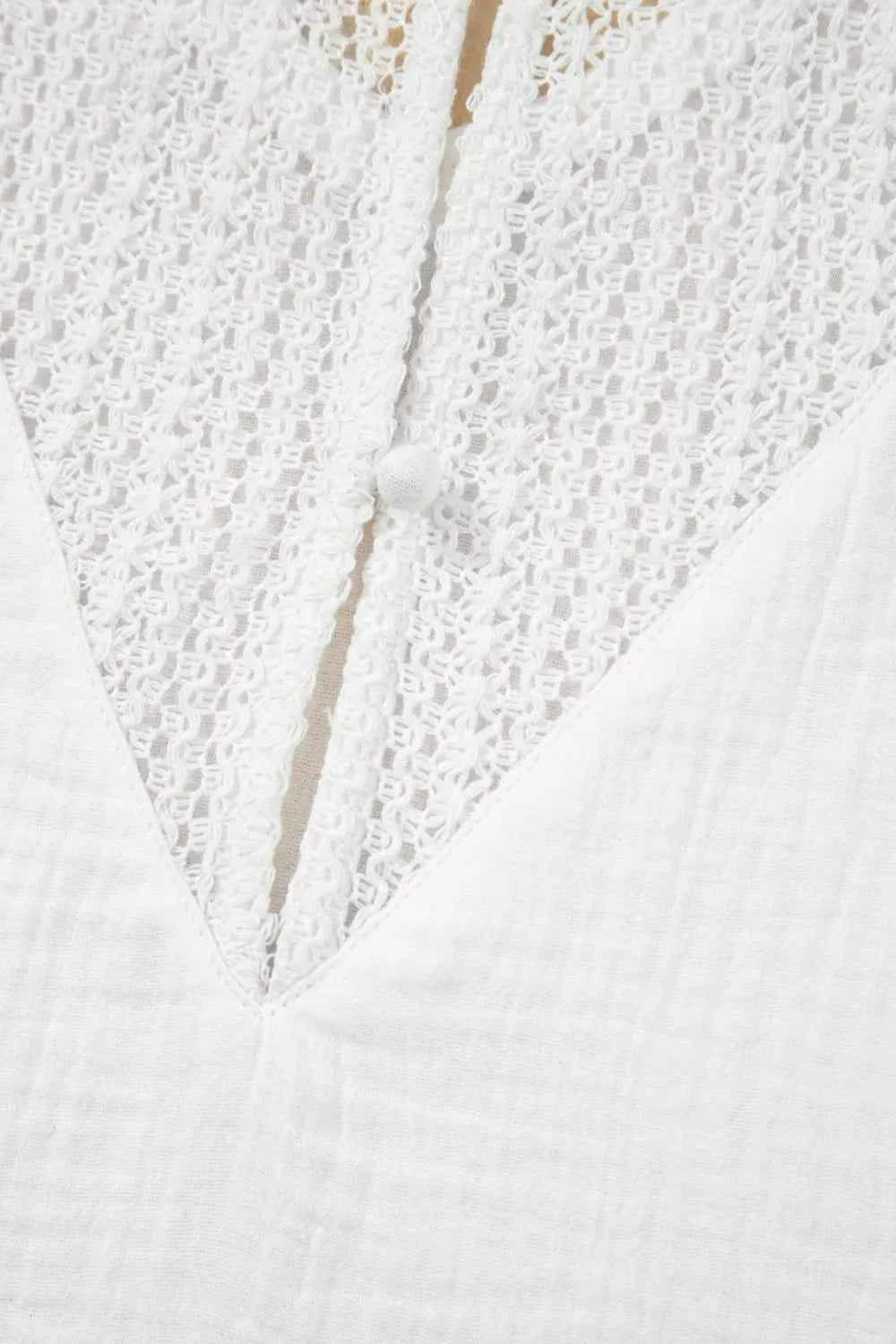 Lace Crochet Textured Button Back V Neck T Shirt