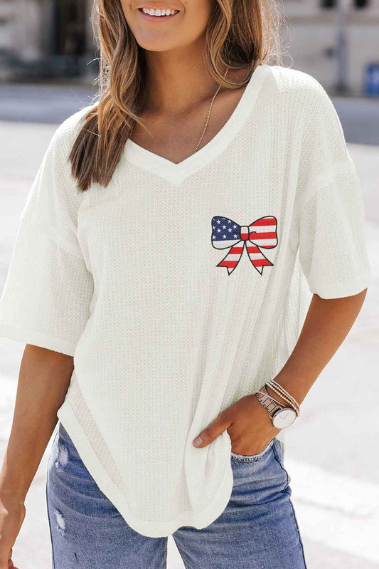 White Embroidered Stars Stripes Bowknot Textured Knit Women's T Shirt