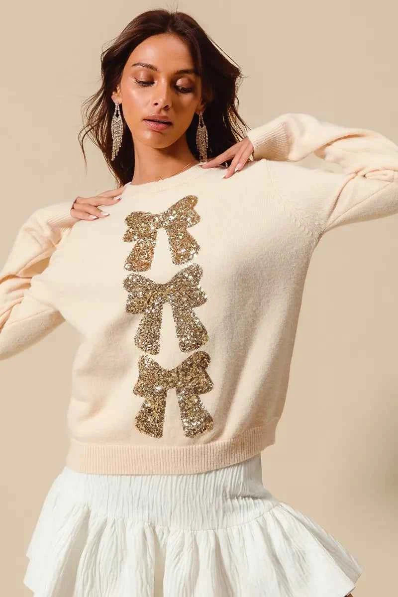SO ME Sequins Bow Ribbon Embellished Christmas Sweater
