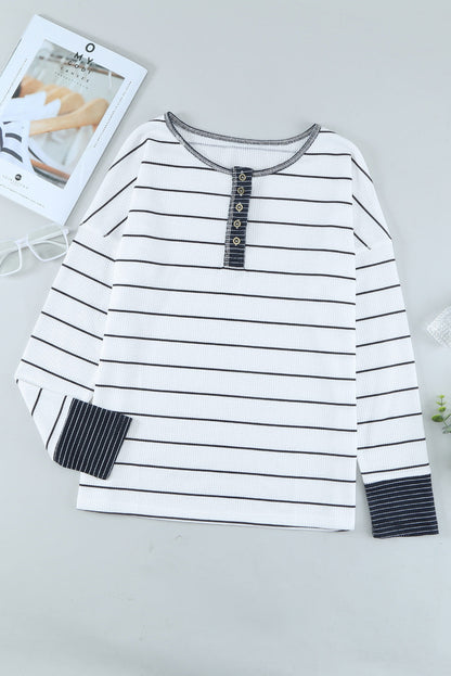 Stripe Waffle Knit Buttoned Henley Top