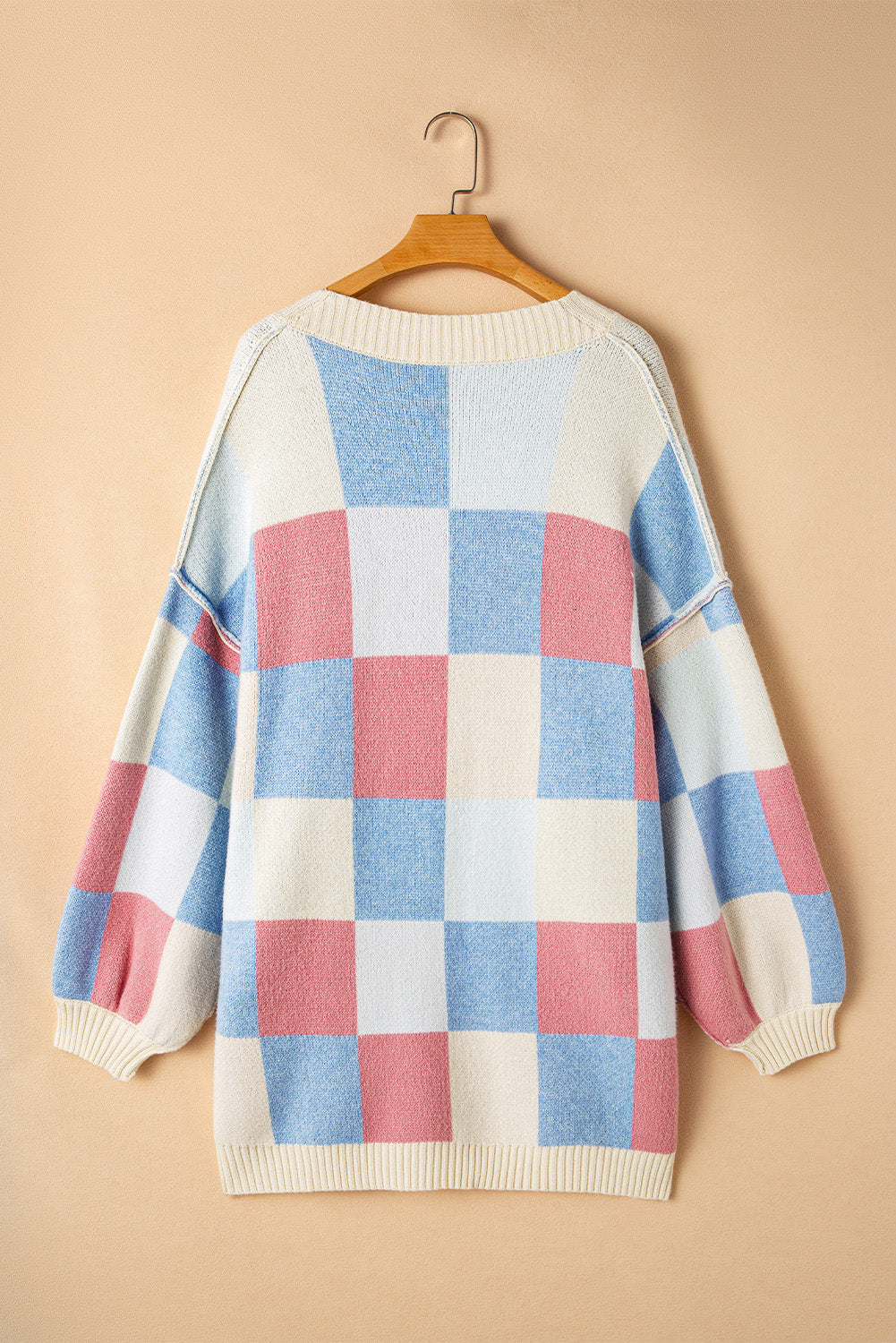 Checkered Drop Shoulder Open Front Cardigan