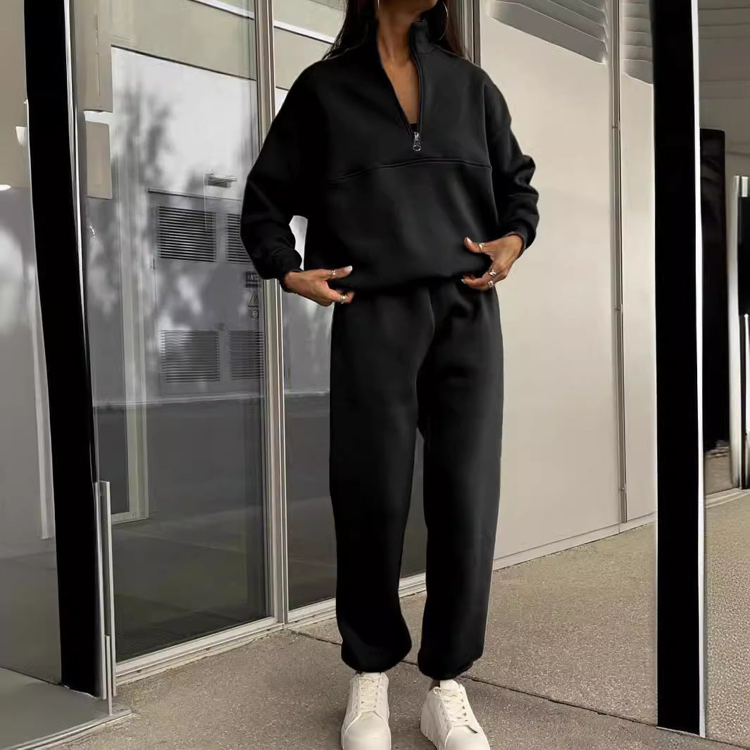 Long-sleeved Sports Sweatsuit Stand-up Collar Zip-up Top And Elastic Band Trousers With Pocket - The Eggy's store