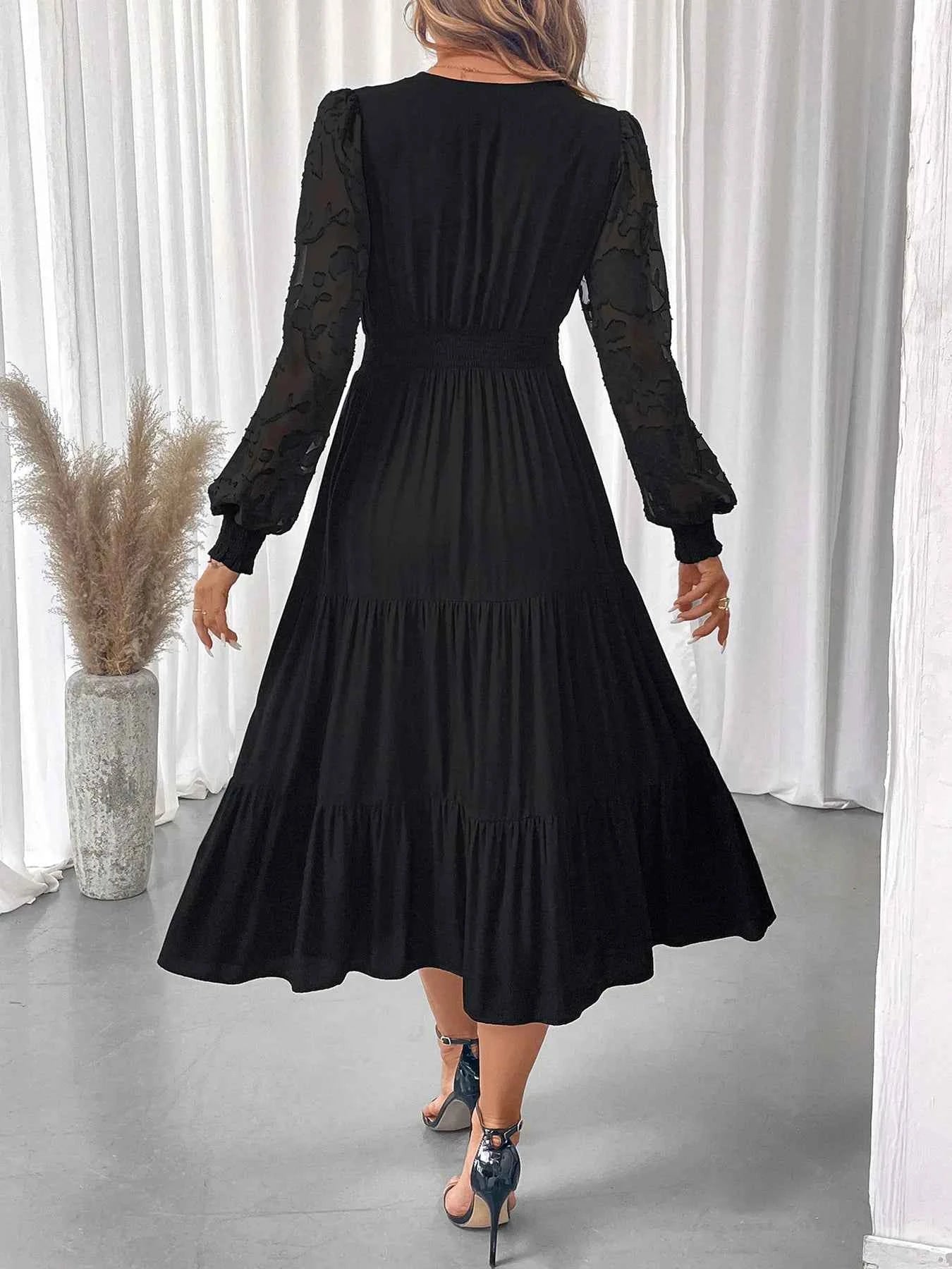 Lace Detail Lantern Sleeve Tiered Dress