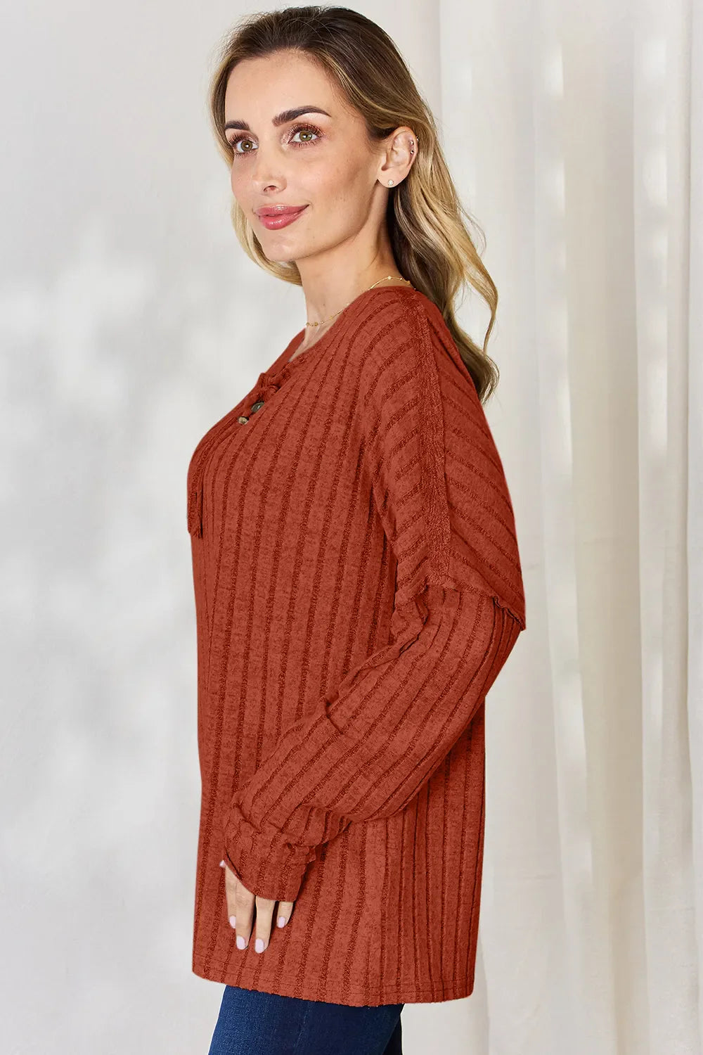 Basic Bae Full Size Ribbed Half Button Long Sleeve Women's T-Shirt - The Eggy's store
