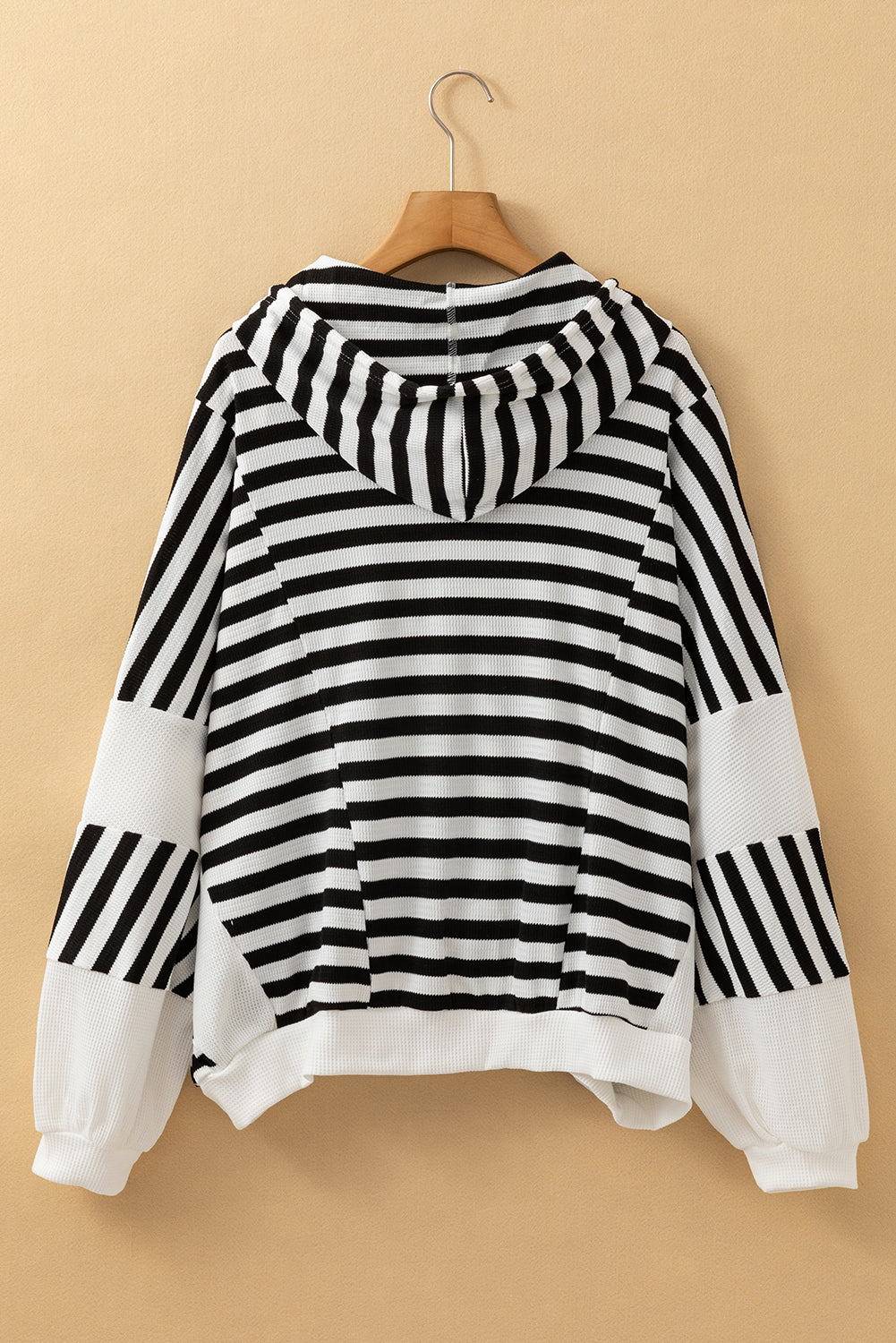 Black white Oversized Striped Henley Buttons Dolman Sleeve Hooded Sweatshirt