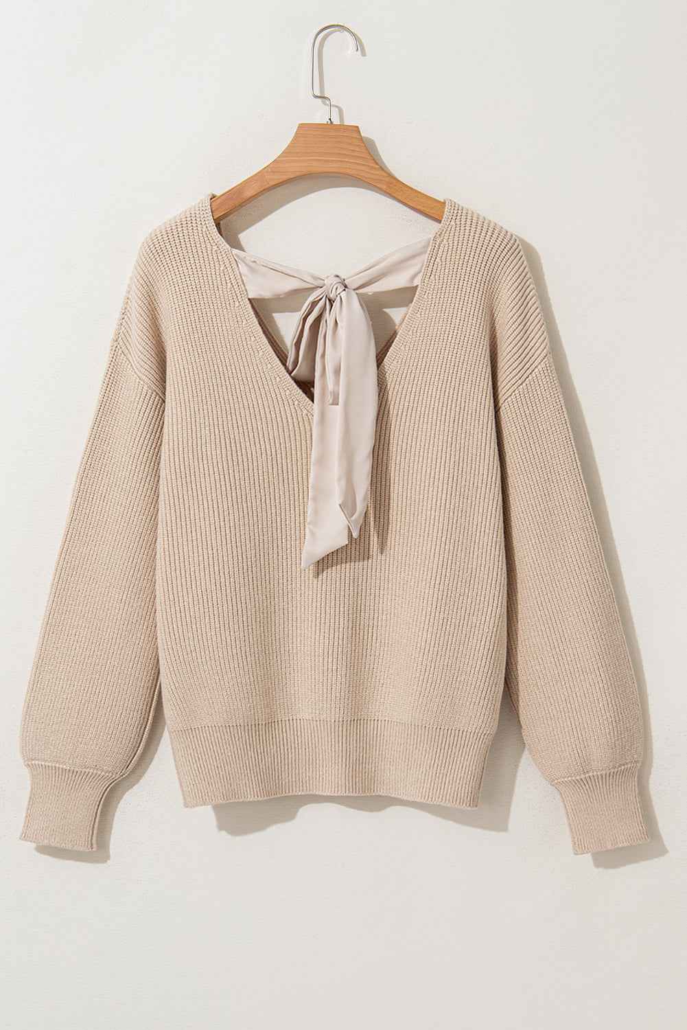 Bow Back  Lantern Sleeve V-Neck Sweater