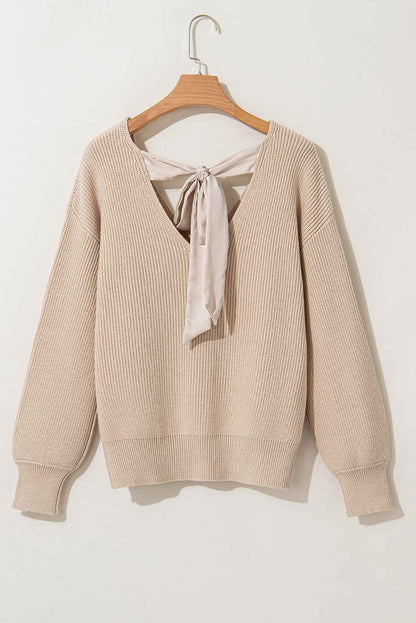 Bow Back  Lantern Sleeve V-Neck Sweater