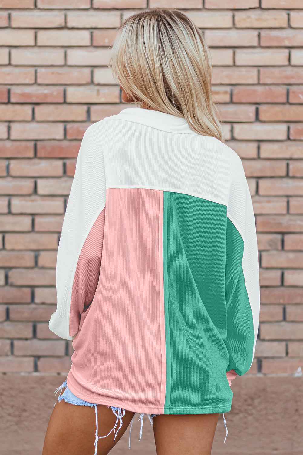 Colorblock Collared Ribbed Patchwork Pocketed Sweatshirt