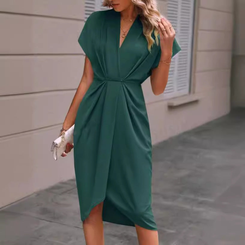 Summer Batwing Sleeve Dress - Stylish V-neck Pleated Short Sleeve Dress for Women - The Eggy's store