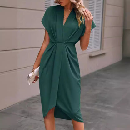 Summer Batwing Sleeve Dress - Stylish V-neck Pleated Short Sleeve Dress for Women - The Eggy's store