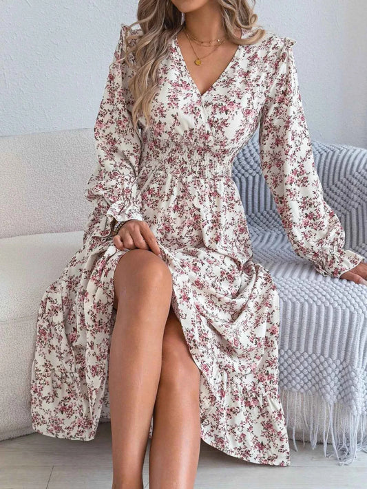 Ruffled Floral V-Neck Flounce Sleeve Dress