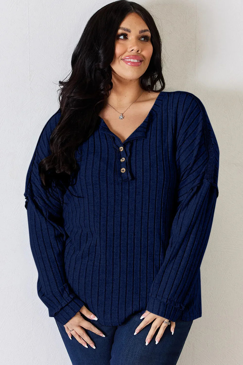 Basic Bae Full Size Ribbed Half Button Long Sleeve Women's T-Shirt - The Eggy's store