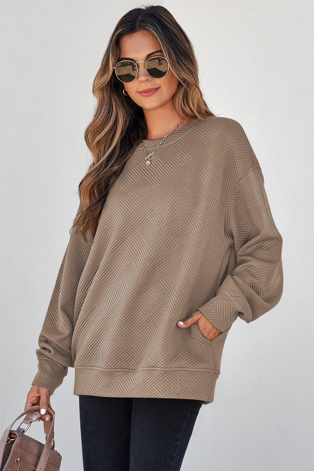 Solid Color Textured Round Neck Drop Shoulder Pullover Sweatshirt