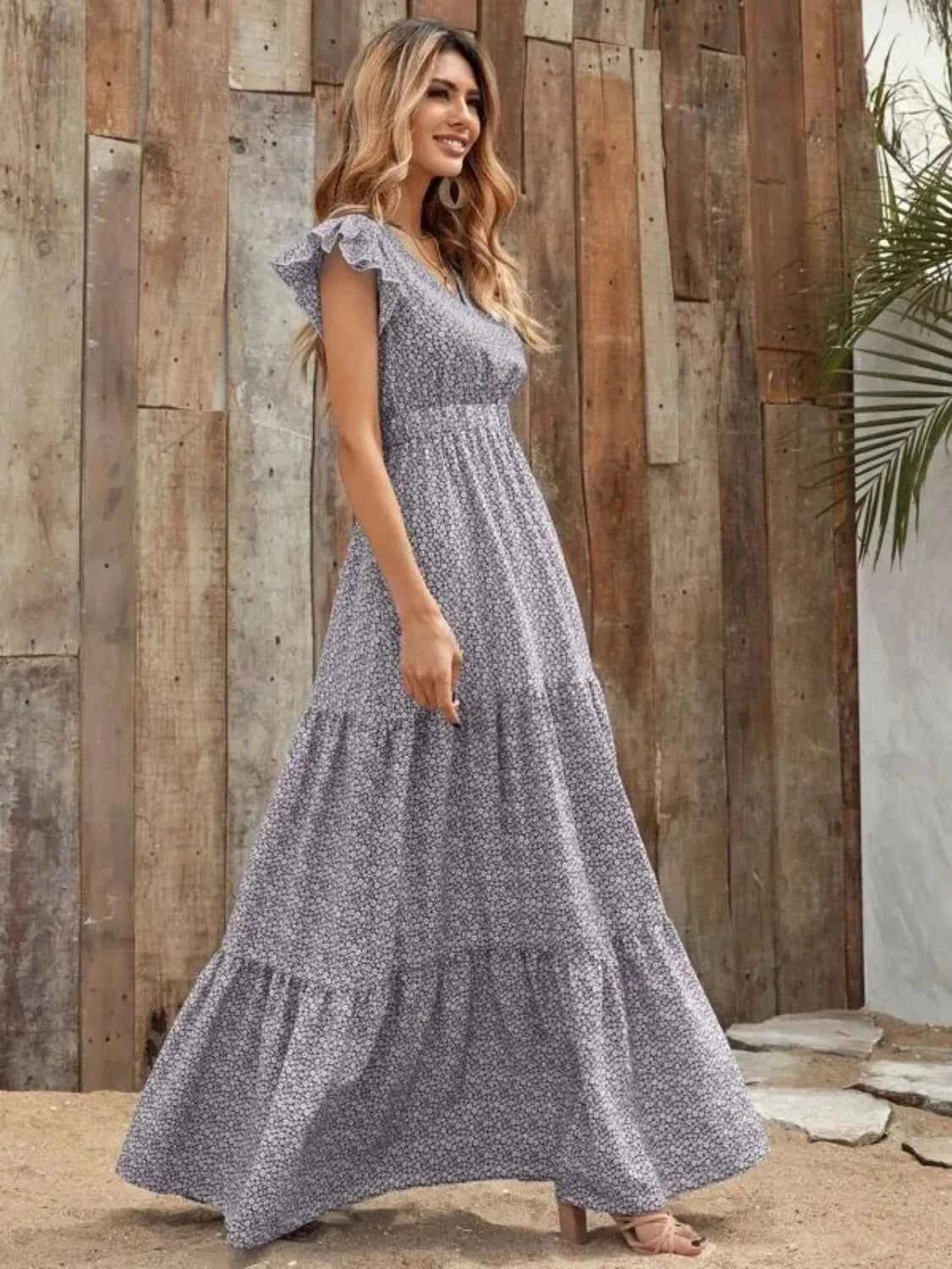 Printed V-Neck Ruffled Cap Sleeve Maxi Dress