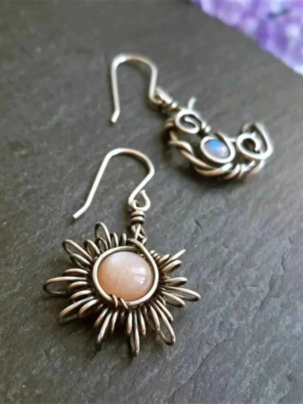 Moonstone Sun & Moon Celestial Drop Earrings – Boho Alloy Dangle Jewelry