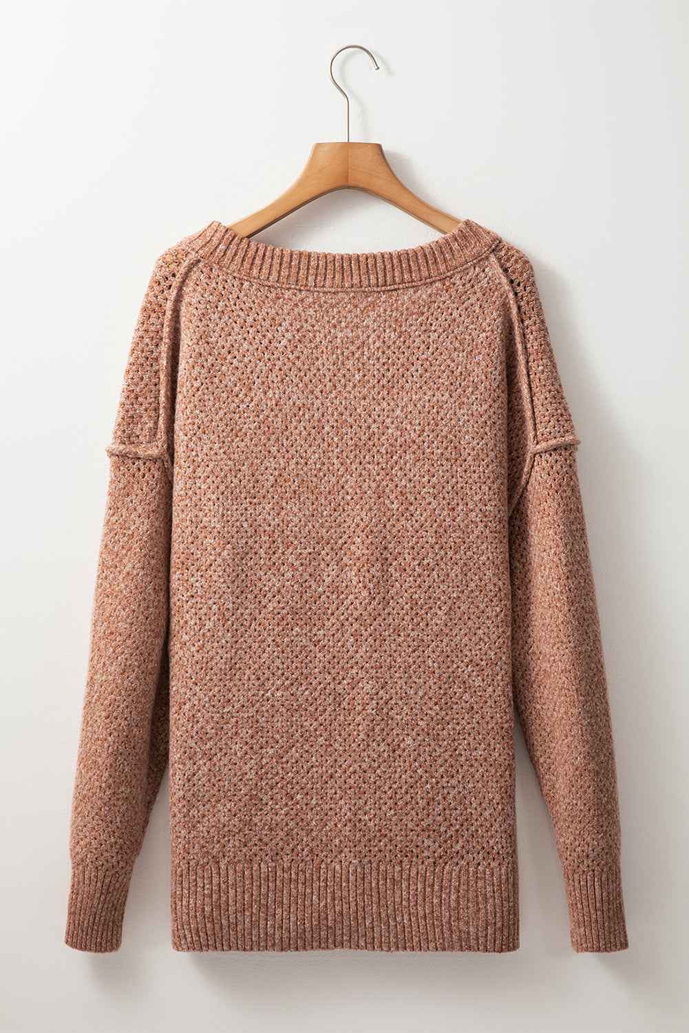 Solid Eyelet V-Neck Drop Shoulder Sweater